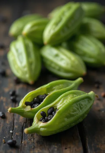 Grønne kardemommekapsler og åbne frø på en træoverflade