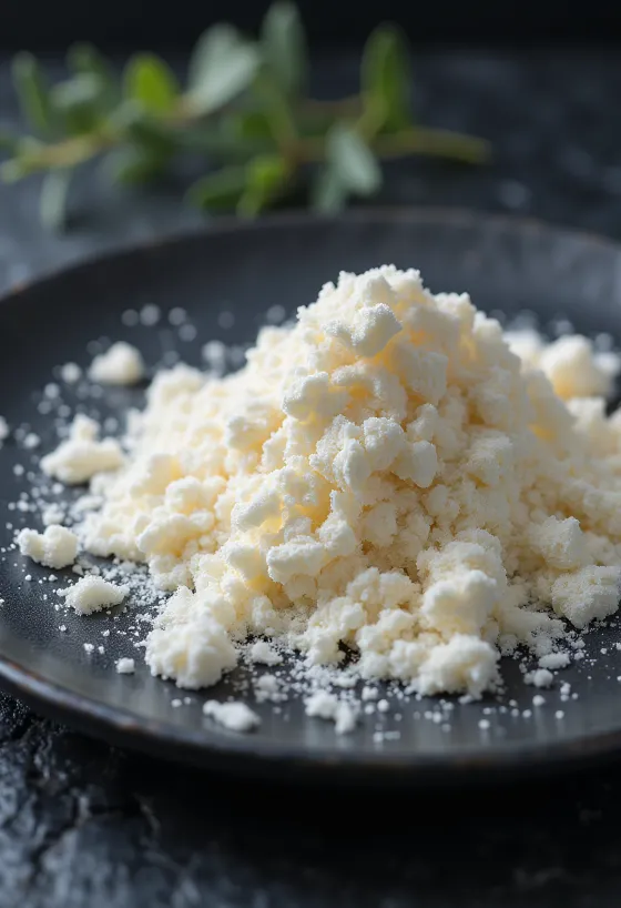 Carrageenan-pulver i glas og på ske på lys overflade