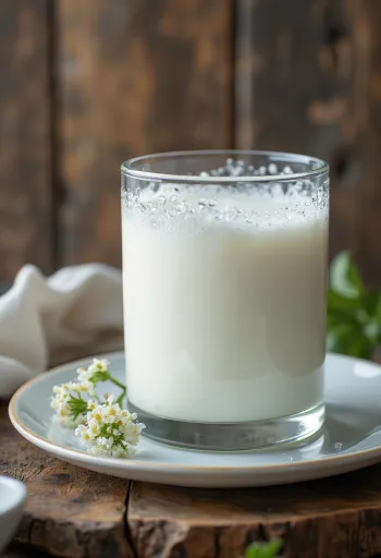 Hvid, cremet kefir i en skål på et rustikt træbord