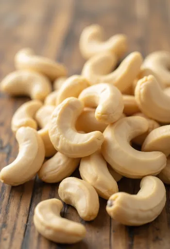 Cashewkerner i træskål og spredt på lys overflade