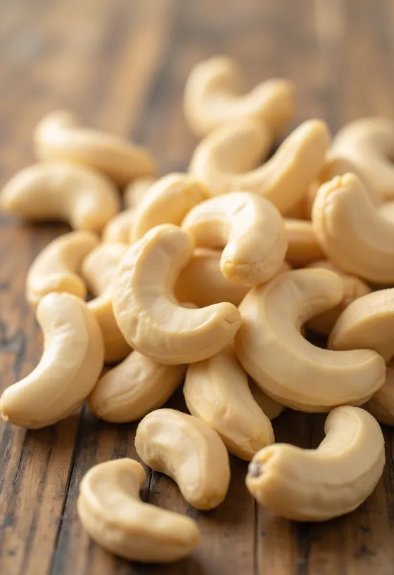 Cashewkerner i træskål og spredt på lys overflade