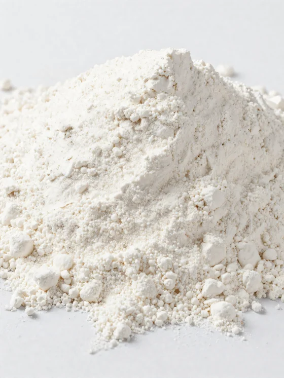 Kokosmel i keramikskål, lyst pulver med fin tekstur på træbord