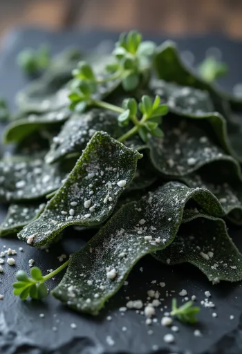 Tørrede kombu-tangplader på træbord, med udblødt kombu i lille skål