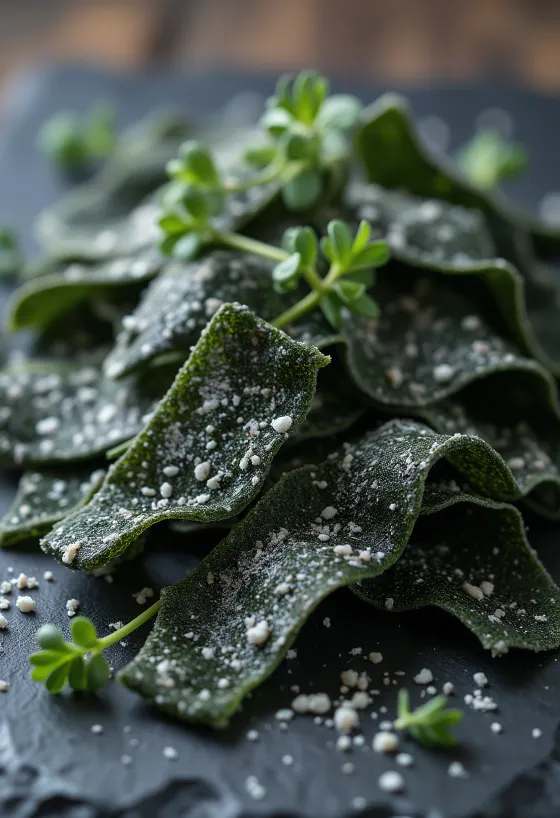 Tørrede kombu-tangplader på træbord, med udblødt kombu i lille skål