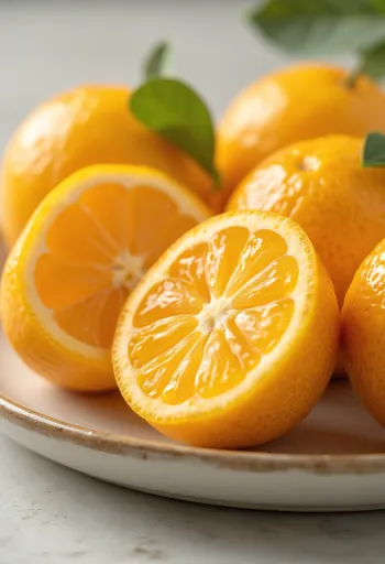 Hele og skiveskårne kumquat frugter med orange skræl på træoverflade