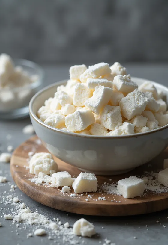 Kuzu-stivelsespulver i keramikskål og træske, med rodskiver ved siden af