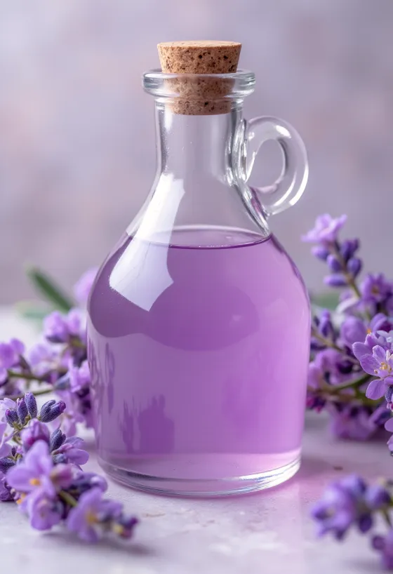Hjemmelavet lavendelsirup i flaske med frisk lavendel