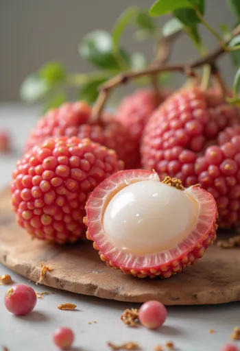 Opskåret og hel litchi med hvidt kød og brun kerne på rustik træoverflade