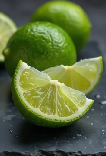 Friske limefrugter hele og halverede i skål og på rustikt træbord, med limevand