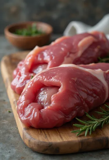 Skårne rå leverfileter på skærebræt, i frisk tilstand