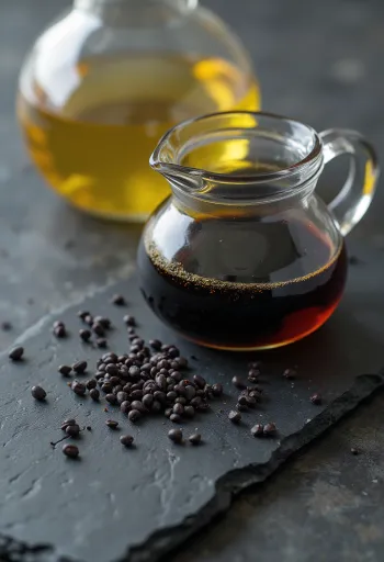 Valmueolie i flaske, ved siden af sorte valmuefrø i lille skål