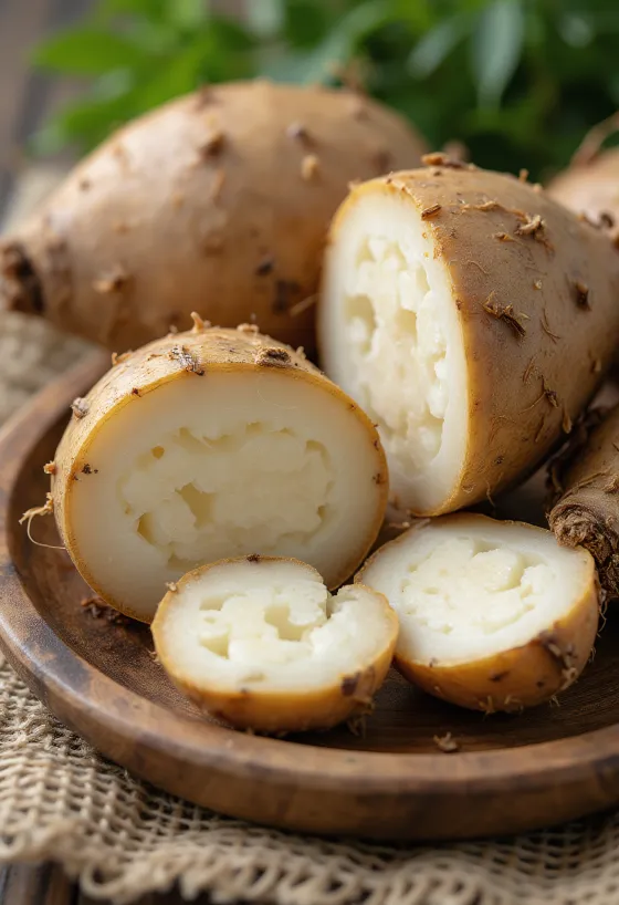 Hele og opskårne malangaknold med brun skræl og lyst kød.