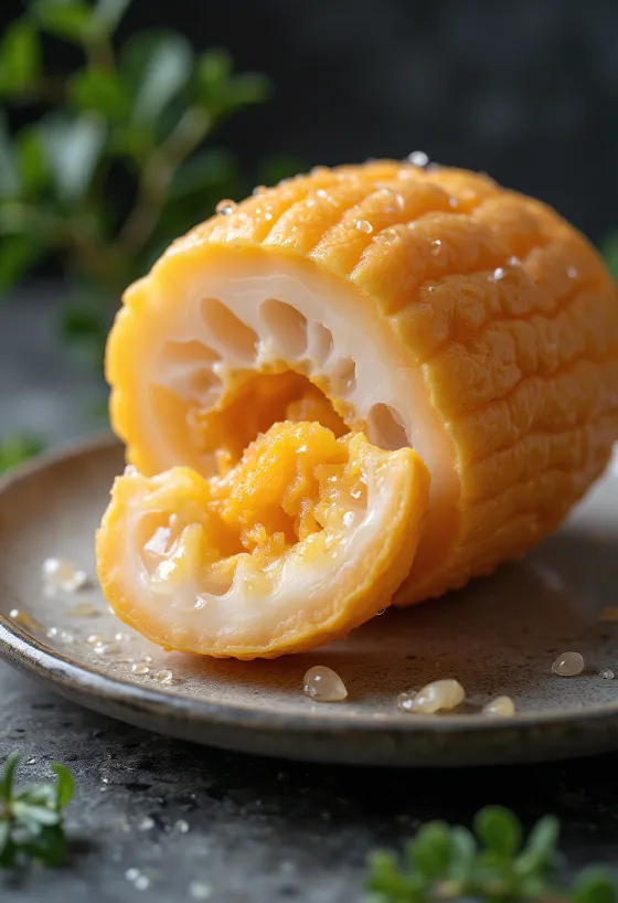 Farverige mashua-knolde i gule og lilla nuancer.