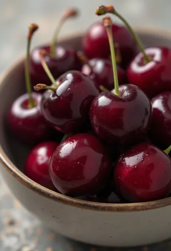 Friske surkirsebær halverede og hele, med kirsebærmarmelade på træbord