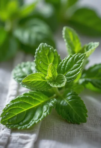 Hakkede mynteblade i en keramikskål omgivet af friske mynteblade