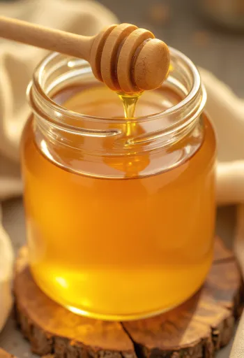 Gylden honning i glas og på træske, lys baggrund