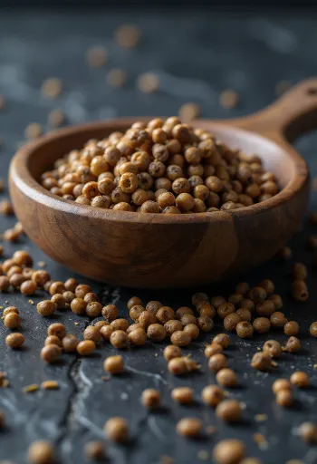 Brune sennepsfrø på et trækøkkenbord