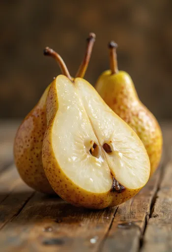 Bosc pære i skiver og hel på skærebræt