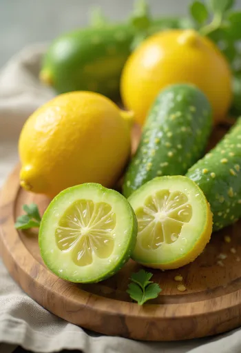 Citronagurkeskiver på et skærebræt, blandt friske grøntsager