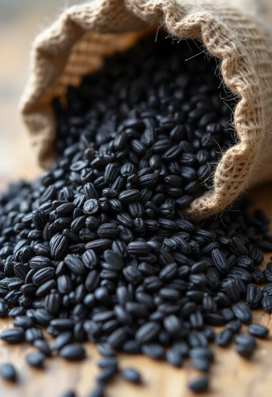 Sorte ris i et lille glas med rå riskorn spredt omkring