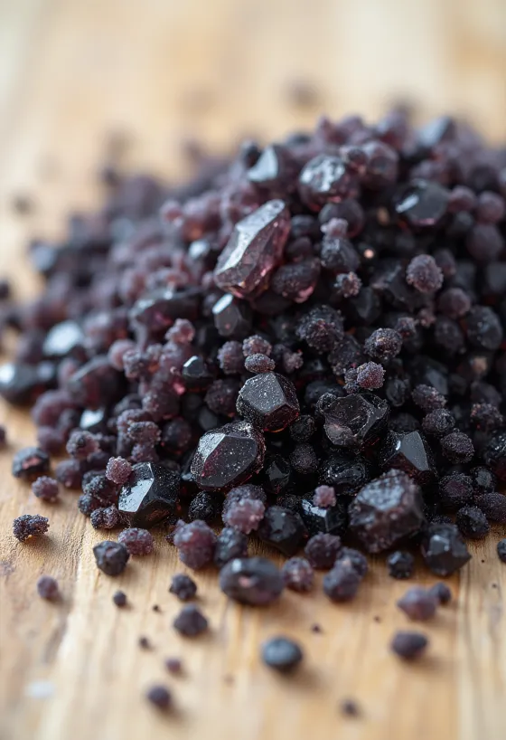 Sort salt i lille glas med saltkrystaller og træske