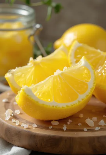 Fermenterede citronskiver i glas med gylden farve