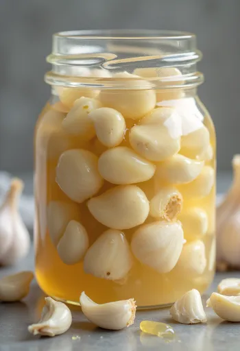 Fermenterede hvidløg med gyldenbrun farve i lille skål