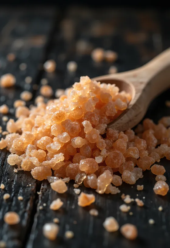 Røgsalt i lille glas med gyldenbrun farve og saltkrystaller