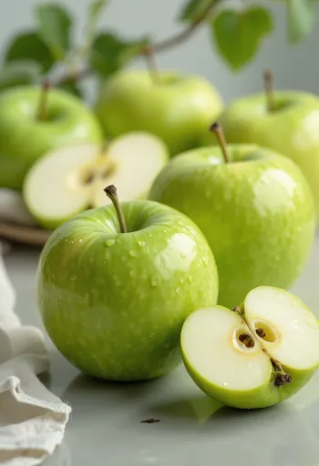 Friske Granny Smith æbler og både på et skærebræt