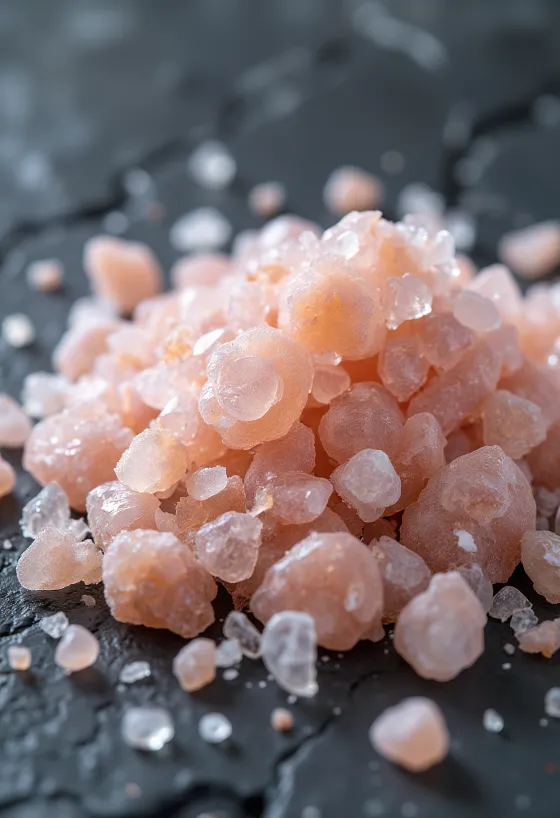 Himalayasalt i krystalform i lille glas, omgivet af saltkrystaller