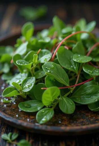 Haveportulak med friske grønne blade og små gule blomster.