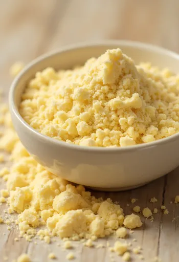 Lucumapulver i lille glas med rig gul farve, omgivet af frisk lucumafrugt