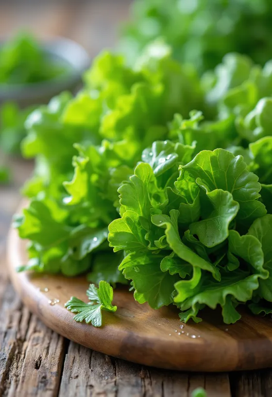 Frisk vårsalat (feldsalat) med grønne blade på skærebræt