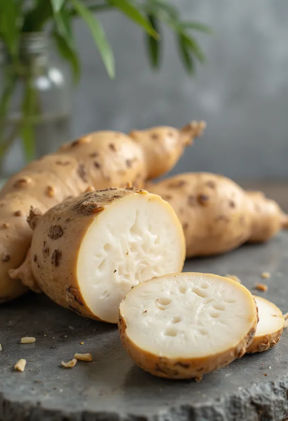 Skåret maniok (cassava) rødder på skærebræt omgivet af friske grøntsager