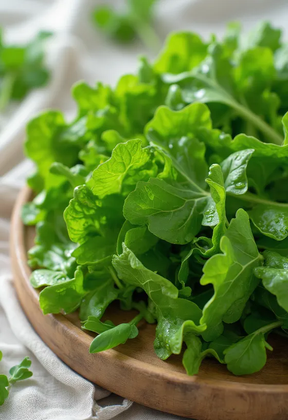 Friske sennepsblade med vanddråber på et træbord.