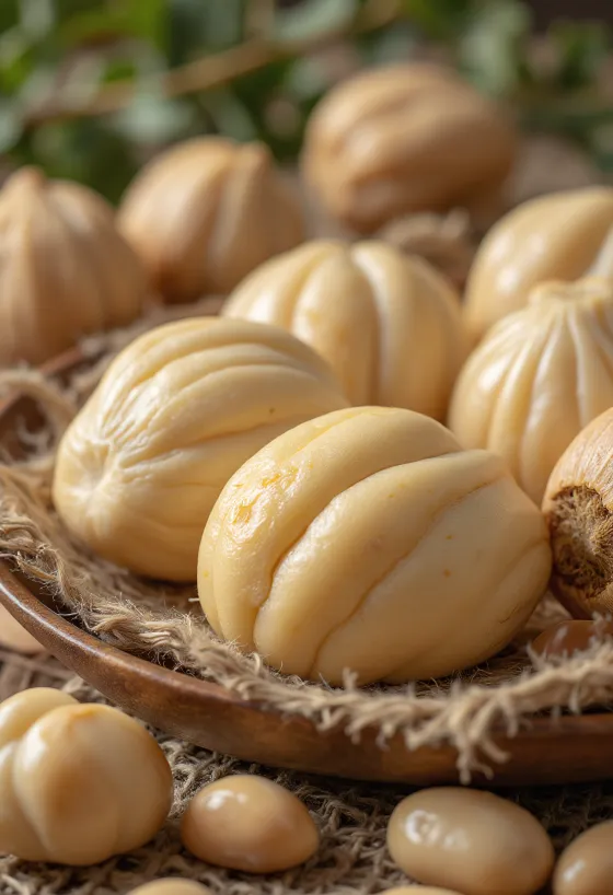 Pilinødder anrettet på en rustik træreol i et køkkenmiljø.