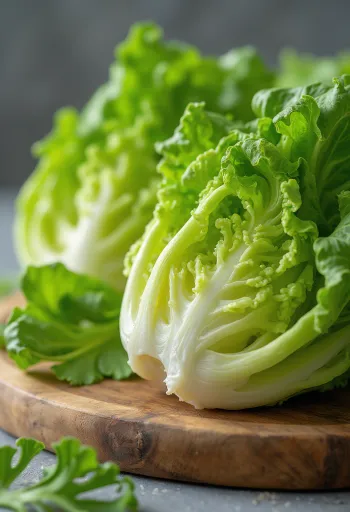 Frisk romainesalat, lange, sprøde grønne blade på et skærebræt