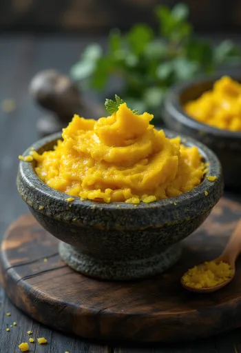 Gul currypasta i lille glas, omgivet af krydderier som gurkemeje, spidskommen og koriander