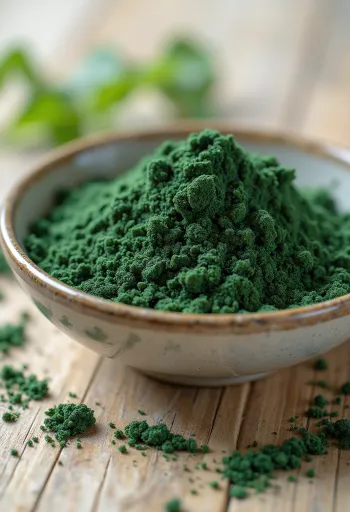 Spirulinapulver i lille glas med intens grøn farve, omgivet af spirulinatabletter