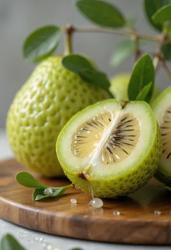Halveret feijoa frugt der viser det saftige frugtkød