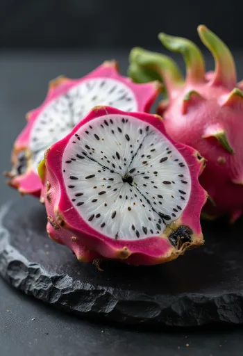 Hvid dragefrugt (pitahaya), lysende hvidt kød og sorte frø