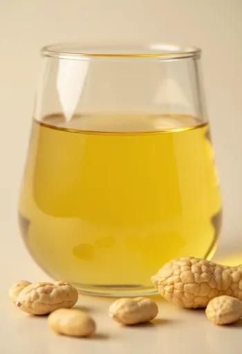 Jordnøddeolie i lille flaske og skål på lys baggrund