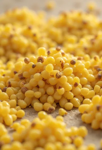 Gule og brune sennepsfrø i små træskåle på rustik baggrund