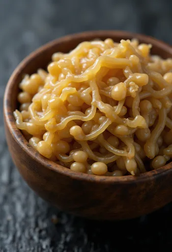 Natto fermenterede sojabønner i skål, klæbrig tekstur, med træske