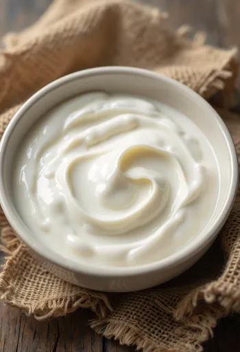 Naturel yoghurt i en lille skål, cremet hvid konsistens