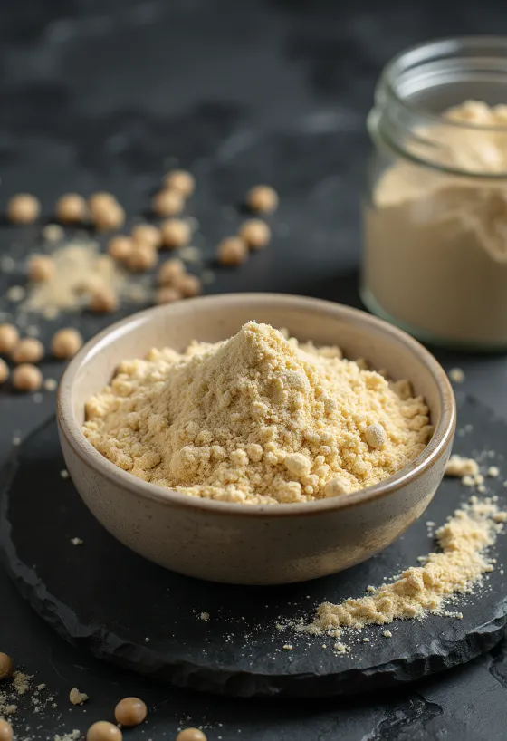 Lyst ærteproteinpulver i en skål med gule ærter