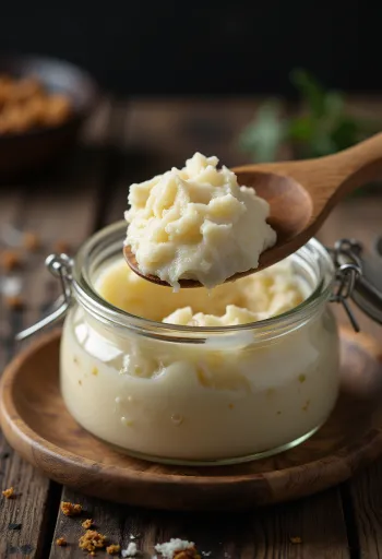 Råt andefedt i en glasskål omgivet af stykker af fedtvæv