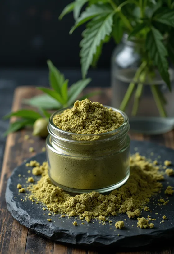 Rå hampproteinpulver i skål, med hampefrø ved siden af til dokumentationsformål