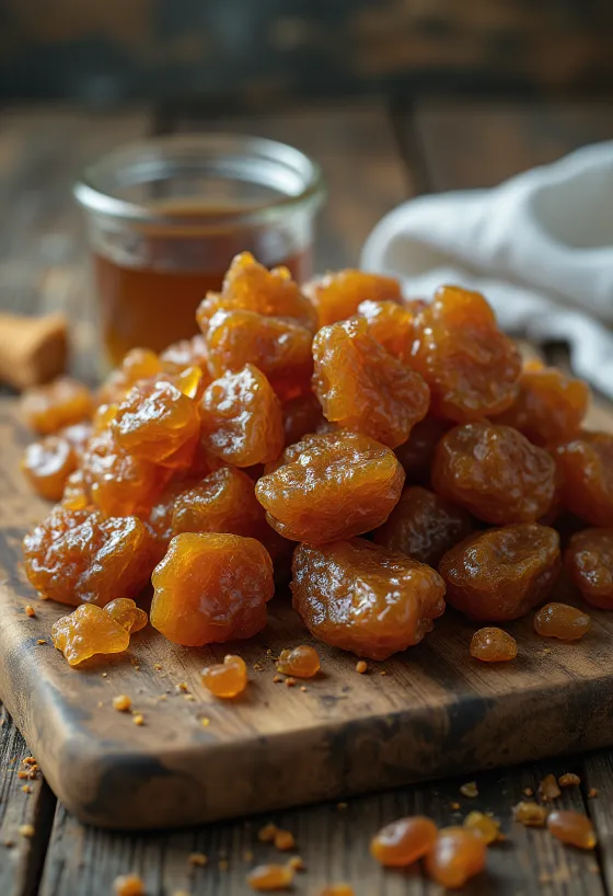 Stykker af rå propolis på træoverflade i naturlig tilstand