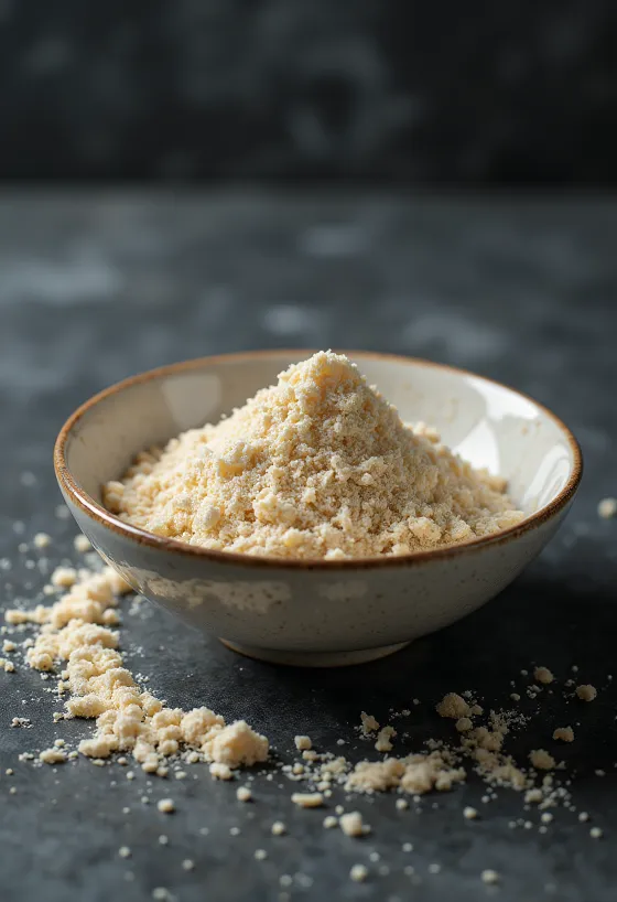 Råt risproteinpulver i lys beige farve i skål ved siden af brune ris